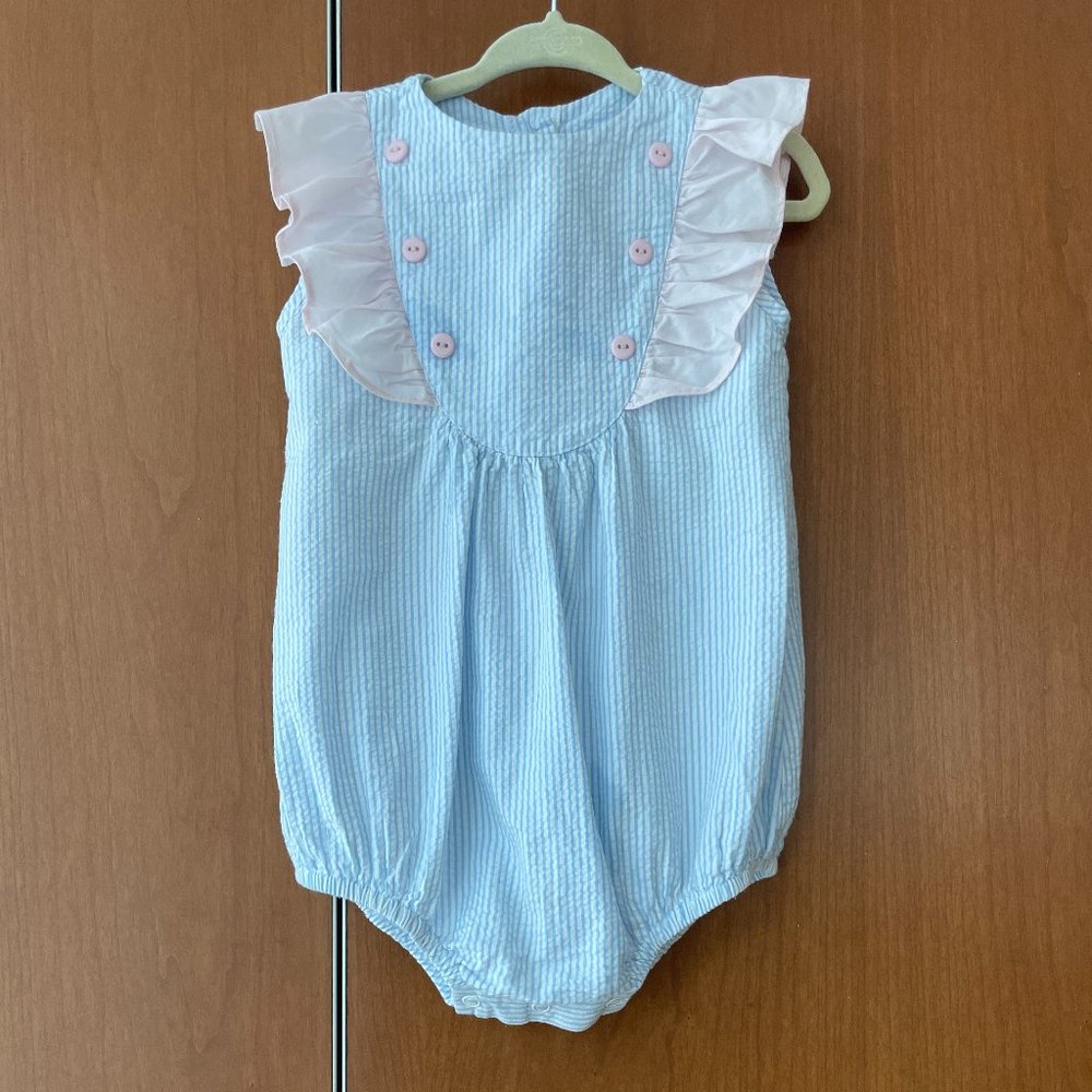 Bella Bliss Pink and Blue Striped Bubble with Ruffle and Button Detail 18M